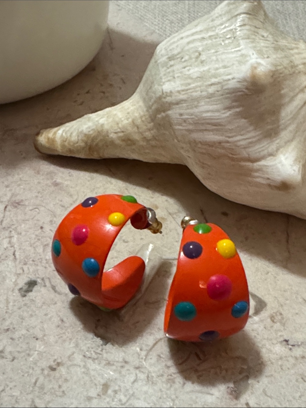 Vintage Earrings-Costume Style-Orange with Multi Color Polka Dots-Stem Style